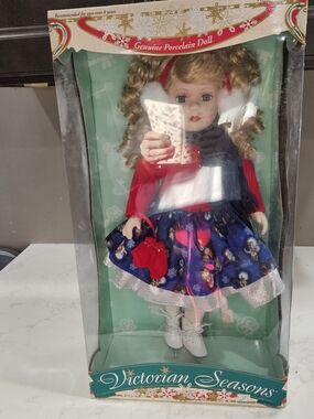 Porcelain Doll - Red and Blue Holiday Dress